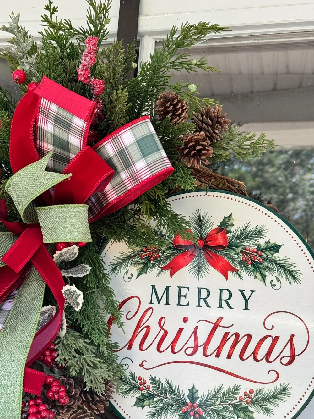 Traditional Cedar Christmas Wreath with Plaid Bow & Merry Christmas Sign
